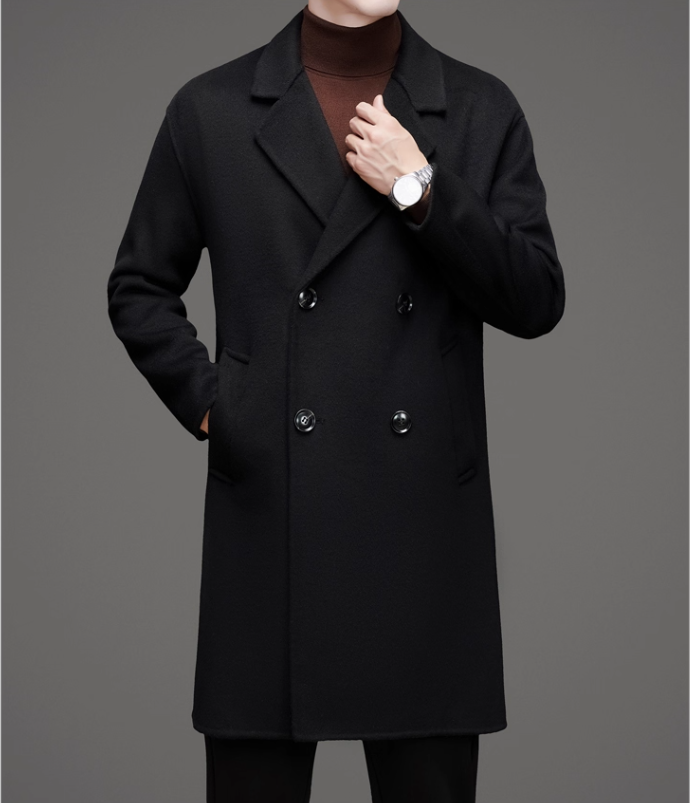 Men's Mid-Length Double-Faced Wool Coat - Autumn Winter , Double-Breasted Woolen Cashmere