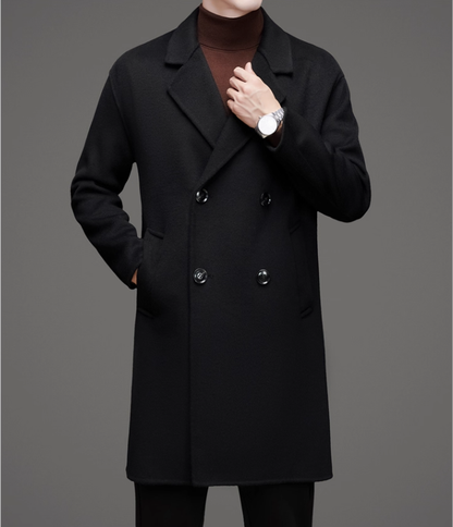 Fineryclothes Men's Double-Breasted Wool Blend Overcoat, Brown, Mid-Length Winter Coat with Notched Lapel