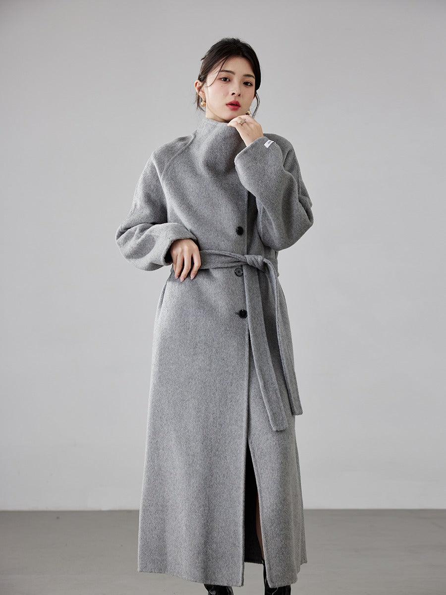 High-end Hepburn Retro Stand-up Collar Diagonal Buckle Double-faced Cashmere Coat | Slim, Thickened Warm Woolen Outerwear