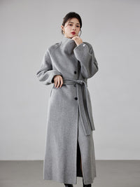 High-end Hepburn Retro Stand-up Collar Diagonal Buckle Double-faced Cashmere Coat | Slim, Thickened Warm Woolen Outerwear