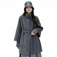 Women's High-End Double-Faced Cashmere Coat, New Autumn & Winter Style, Korean Version, Loose Cloak with Stand Collar, Waist-Tie Slim-Fit Design