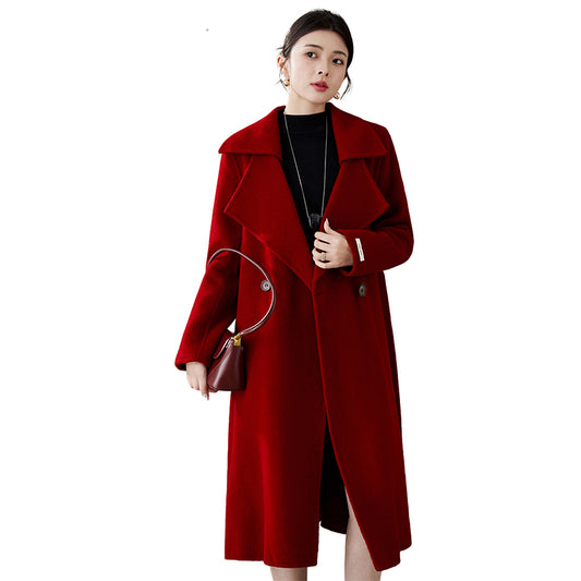 Fineryclothes women's Elegant Long Wool Coat, Red Winter Overcoat with Wide Lapel Collar, Mid-Length