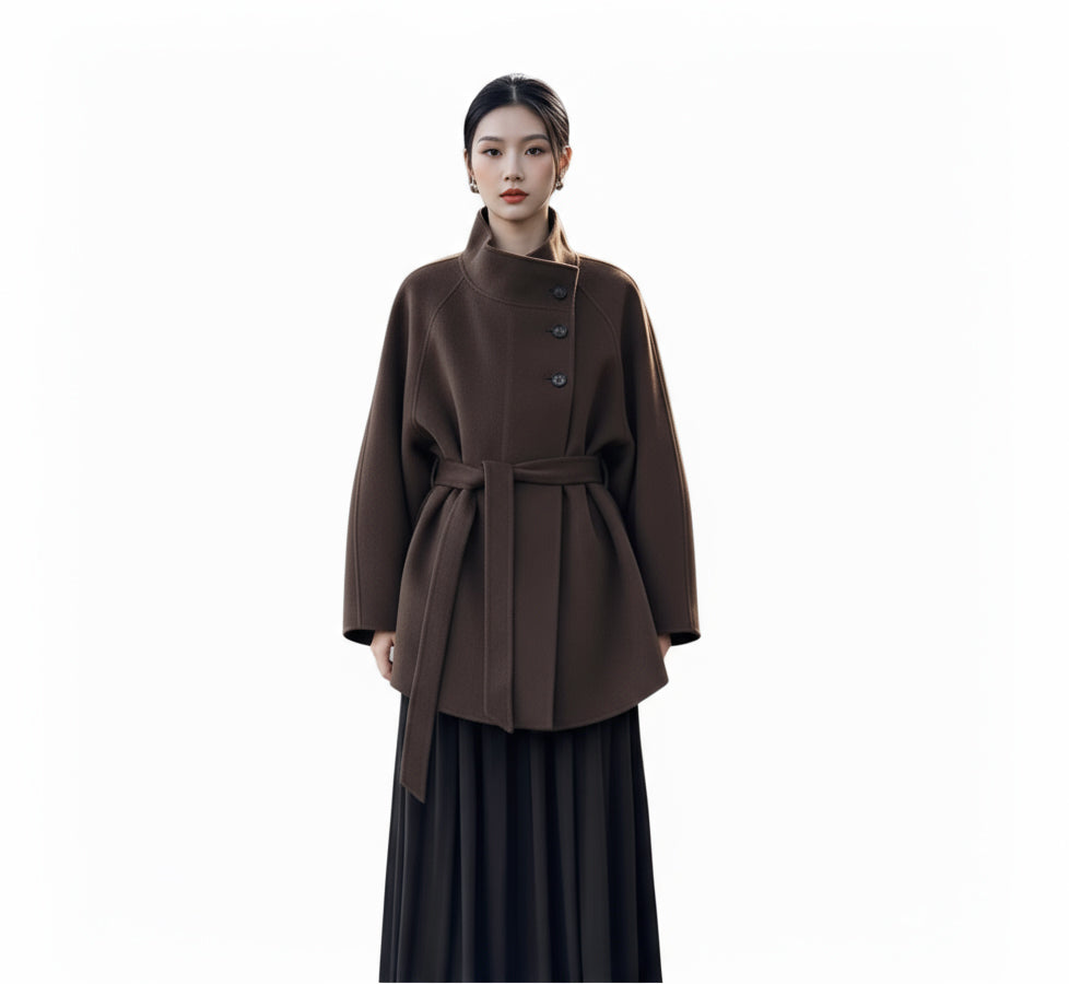 2025 AW New Women's Stand-Collar Double-Sided Cashmere Coat - Short Belted Woolen Outerwear