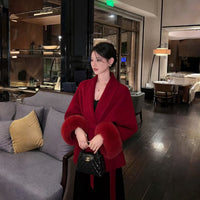 Women's red double-sided cashmere coat, new style for autumn and winter, with a noble lady temperament, fox fur cuffs, short coat for brides' wedding