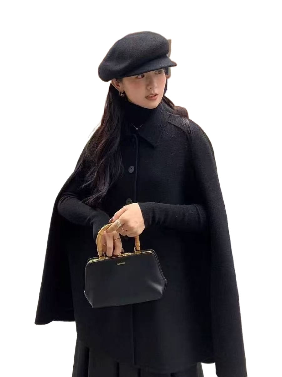 Women's Black Shawl-Collar Cloak Coat | Double-Faced Cashmere & Wool Blend | New Autumn/Winter | Noble Lady Elegant High-End Style