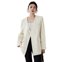 Women's Elegant Cream White Double-Button V-Neck Long Blazer