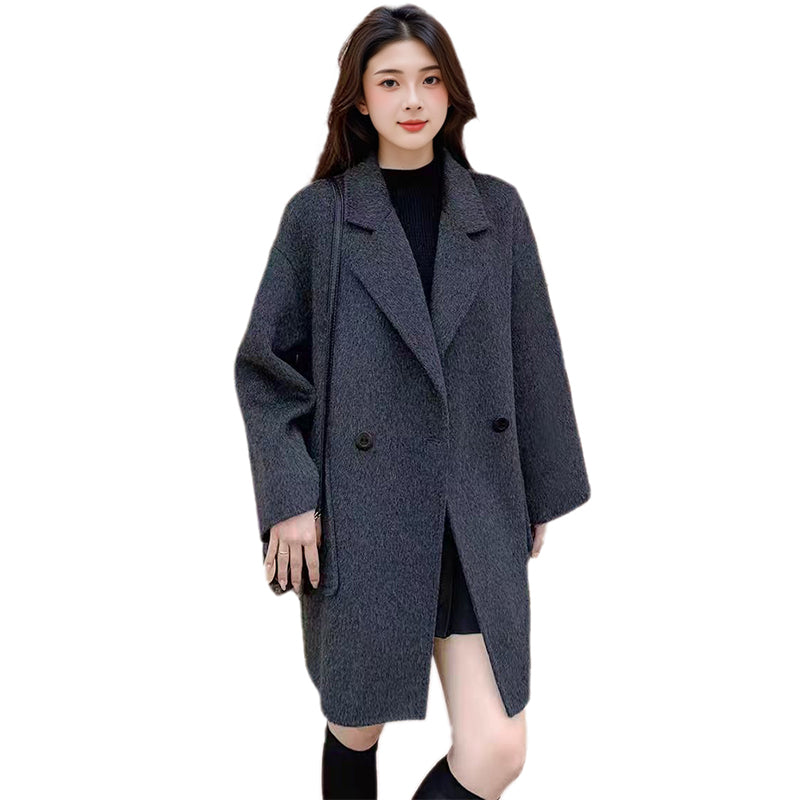 2025 New Women's Gray Double-Faced Cashmere Coat | Loose Mid-Length Woolen Coat for Autumn & Winter