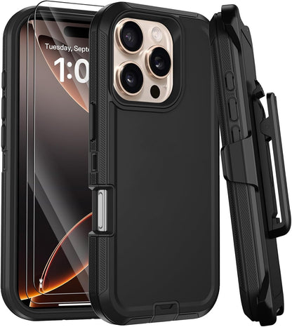 Styqeen Defender Armor Case for iPhone 16 Plus with Belt Clip Holster Black and scalble Charging Cable