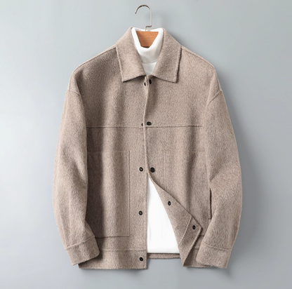 Fineryclothes Men's Wool Blend Jacket with Leather Collar, Gray, Full-Zip Winter Coat with Button Cuffs