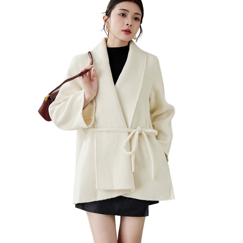 Women's 2025 A/W New Korean Petite Double-sided Cashmere Coat | Robe-style Tie Waist Woolen Outerwear