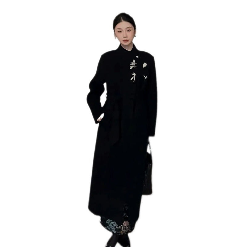 Women's 2025 A/W New Chinese Stand-up Collar Double-faced Cashmere Coat | Embroidered Long Woolen Outerwear