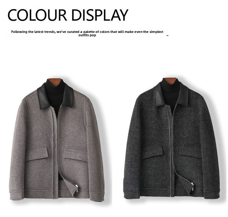 Men's 2025 A/W Double-faced Wool Outerwear: Woolen Overcoat & Jacket with Genuine Leather Patchwork, Casual Style
