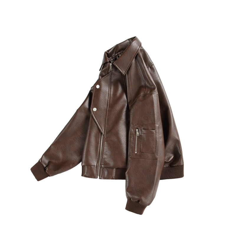 Multi-Zipper Faux Leather Bomber Jacket, Ribbed Collar and Cuffs, Available in Grey, Black, Brown