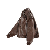 Multi-Zipper Faux Leather Bomber Jacket, Ribbed Collar and Cuffs, Available in Grey, Black, Brown