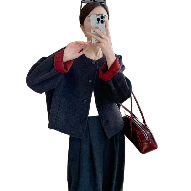 Women's 2025 Autumn Short Double-faced Wool Coat | Retro Color-blocking High-end Tweed Round Neck Slim Outerwear