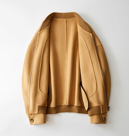 Fineryclothes Classic Bomber Jacket, Camel Wool Blend, Ribbed Collar and Cuffs, Front Zip Closure