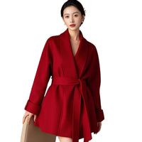 Women's Autumn Winter Petite Short Huarbao-style Collar Robe Coat | Double-sided Cashmere