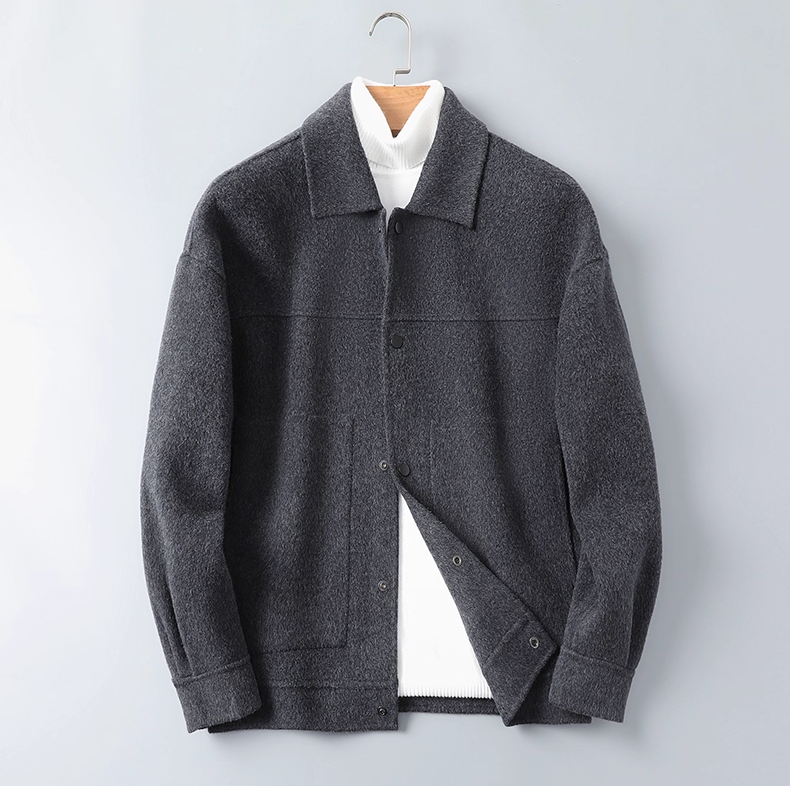 Fineryclothes Men's Wool Blend Jacket with Leather Collar, Gray, Full-Zip Winter Coat with Button Cuffs