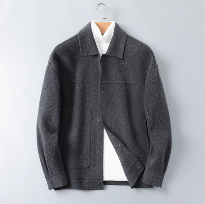 Fineryclothes Men's Wool Blend Jacket with Leather Collar, Gray, Full-Zip Winter Coat with Button Cuffs