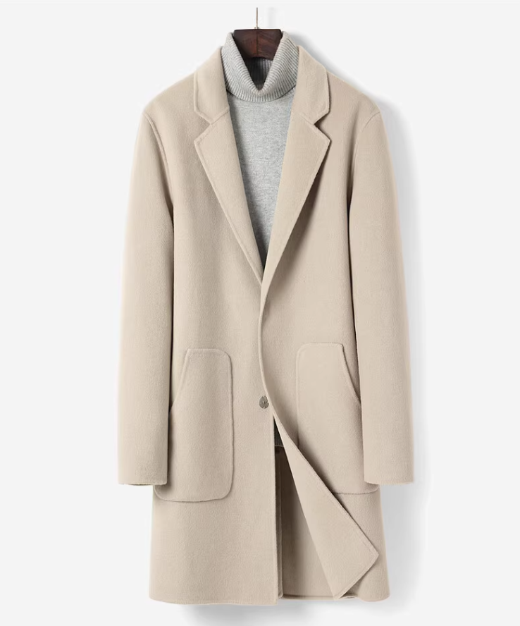100% Cashmere Coat for Men - Winter Mid-Length, Stylish Double-Faced Woolen Casual Trench Coat (Youth-Focused)