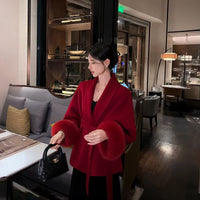 Women's red double-sided cashmere coat, new style for autumn and winter, with a noble lady temperament, fox fur cuffs, short coat for brides' wedding