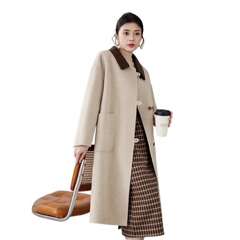 Women's 2025 A/W New High-end Korean Double-Faced Cashmere Coat | Contrast Patchwork Collar Woolen Outerwear
