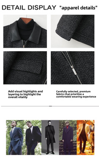 Men's 2025 A/W Double-faced Wool Outerwear: Woolen Overcoat & Jacket with Genuine Leather Patchwork, Casual Style