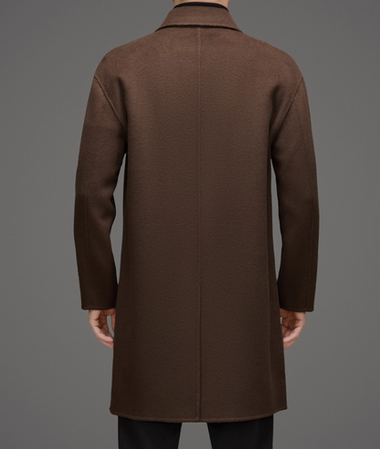 Fineryclothes Men's Double-Breasted Wool Blend Overcoat, Brown, Mid-Length Winter Coat with Notched Lapel