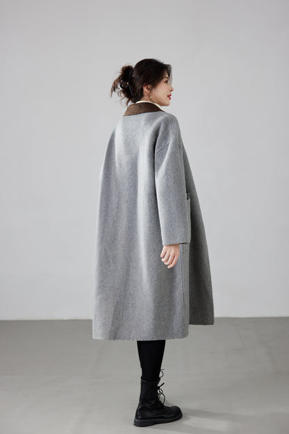 Fineryclothes Double-Faced Wool Wrap Coat, Mid-Calf Length, Shawl Collar, Long Sleeves, STYLE NO.002