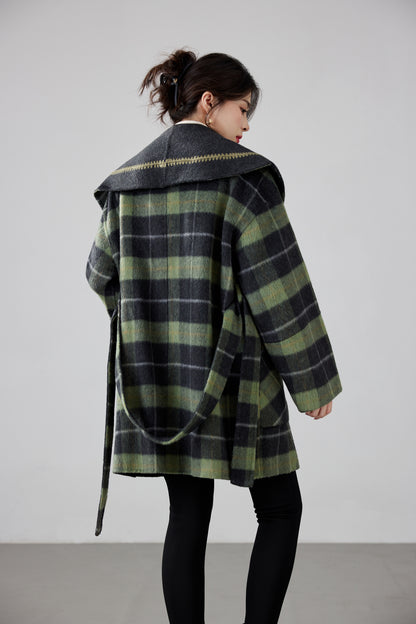Fineryclothes Plaid Double-Faced Wool Shawl-Collar Wrap Coat  STYLE NO.007