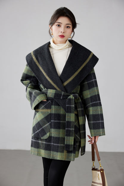Fineryclothes Plaid Double-Faced Wool Shawl-Collar Wrap Coat  STYLE NO.007