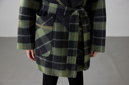 Fineryclothes Plaid Double-Faced Wool Shawl-Collar Wrap Coat  STYLE NO.007