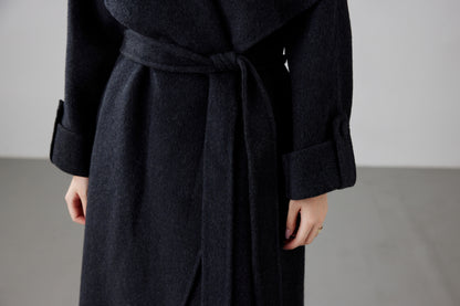 Fineryclothes Double-Faced Wool Wrap Coat, Mid-Calf Length, Shawl Collar, Long Sleeves,STYLE NO.001