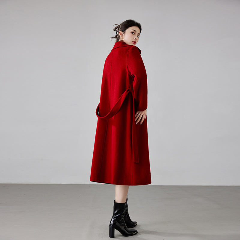 Women's 2025 A/W New Red Double-sided Cashmere Coat | Tie Waist (New Year/Wedding) Wool-blend Outerwear