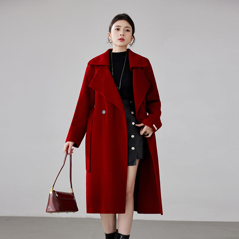Women's 2025 A/W New Red Double-sided Cashmere Coat | Tie Waist (New Year/Wedding) Wool-blend Outerwear