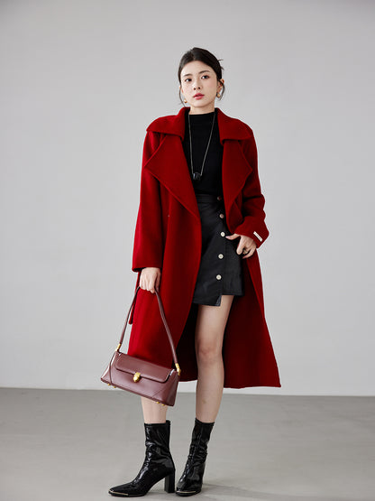 Fineryclothes women's Elegant Long Wool Coat, Red Winter Overcoat with Wide Lapel Collar, Mid-Length