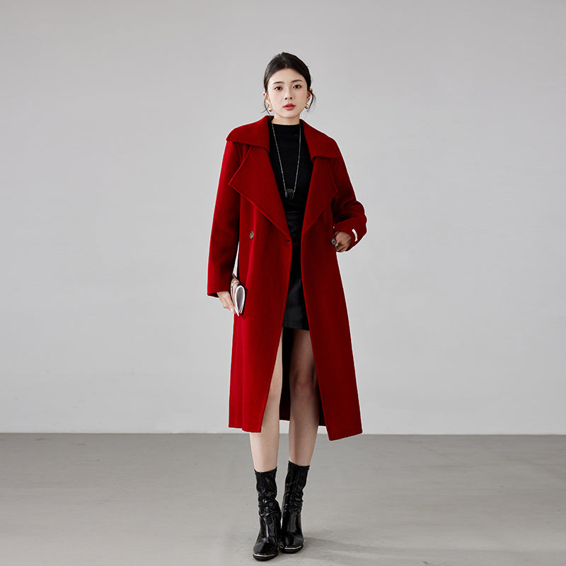 Women's 2025 A/W New Red Double-sided Cashmere Coat | Tie Waist (New Year/Wedding) Wool-blend Outerwear