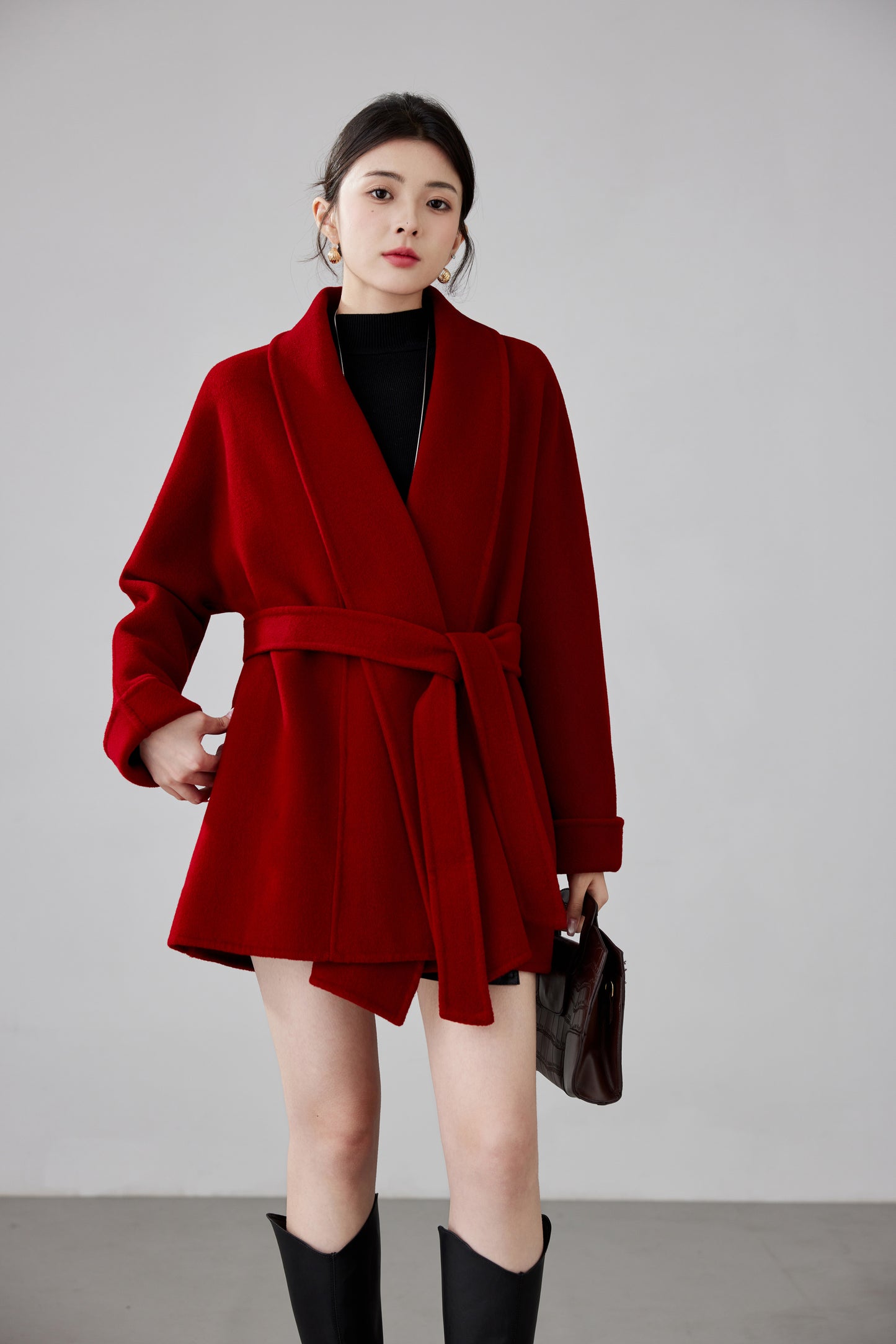 Fineryclothes Double-Faced Wool Shawl-Collar Wrap Coat,  STYLE NO.008