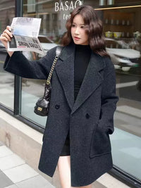 Women's Mid-Length Gray Double-Sided Cashmere Coat | New Autumn & Winter Style, High-End Korean Loose Fit, Woolen Outerwear for Petite Figures