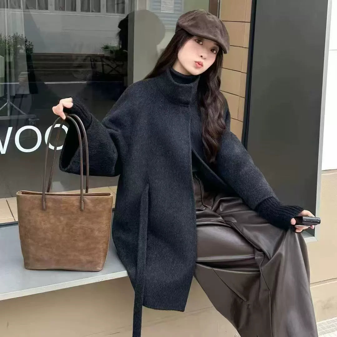 Women's High-End Double-Faced Cashmere Coat, New Autumn & Winter Style, Korean Version, Loose Cloak with Stand Collar, Waist-Tie Slim-Fit Design