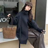Women's High-End Double-Faced Cashmere Coat, New Autumn & Winter Style, Korean Version, Loose Cloak with Stand Collar, Waist-Tie Slim-Fit Design