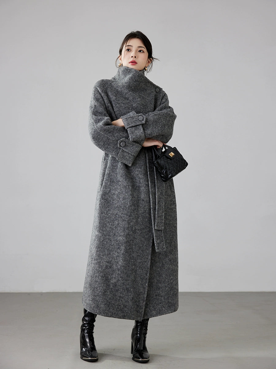 Fineryclothes Women's High-end Mid-length Blue Double-sided Cashmere Coat | Casual Style, Classic Wide Lapel Woolen Outerwear