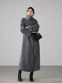 Fineryclothes Women's High-end Mid-length Blue Double-sided Cashmere Coat | Casual Style, Classic Wide Lapel Woolen Outerwear