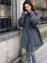Women's High-End Double-Faced Cashmere Coat, New Autumn & Winter Style, Korean Version, Loose Cloak with Stand Collar, Waist-Tie Slim-Fit Design