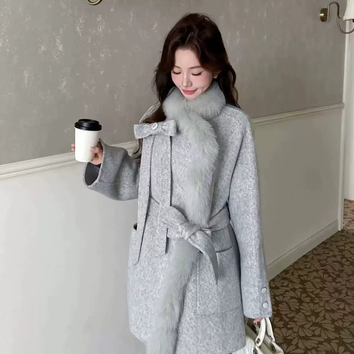 2025 Autumn & Winter New Women's Double-Sided Cashmere Coat with Purple Fox Fur Collar - Elegant Bow-Detailed Woolen Outerwear