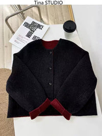 Women's 2025 Autumn Short Double-faced Wool Coat | Retro Color-blocking High-end Tweed Round Neck Slim Outerwear