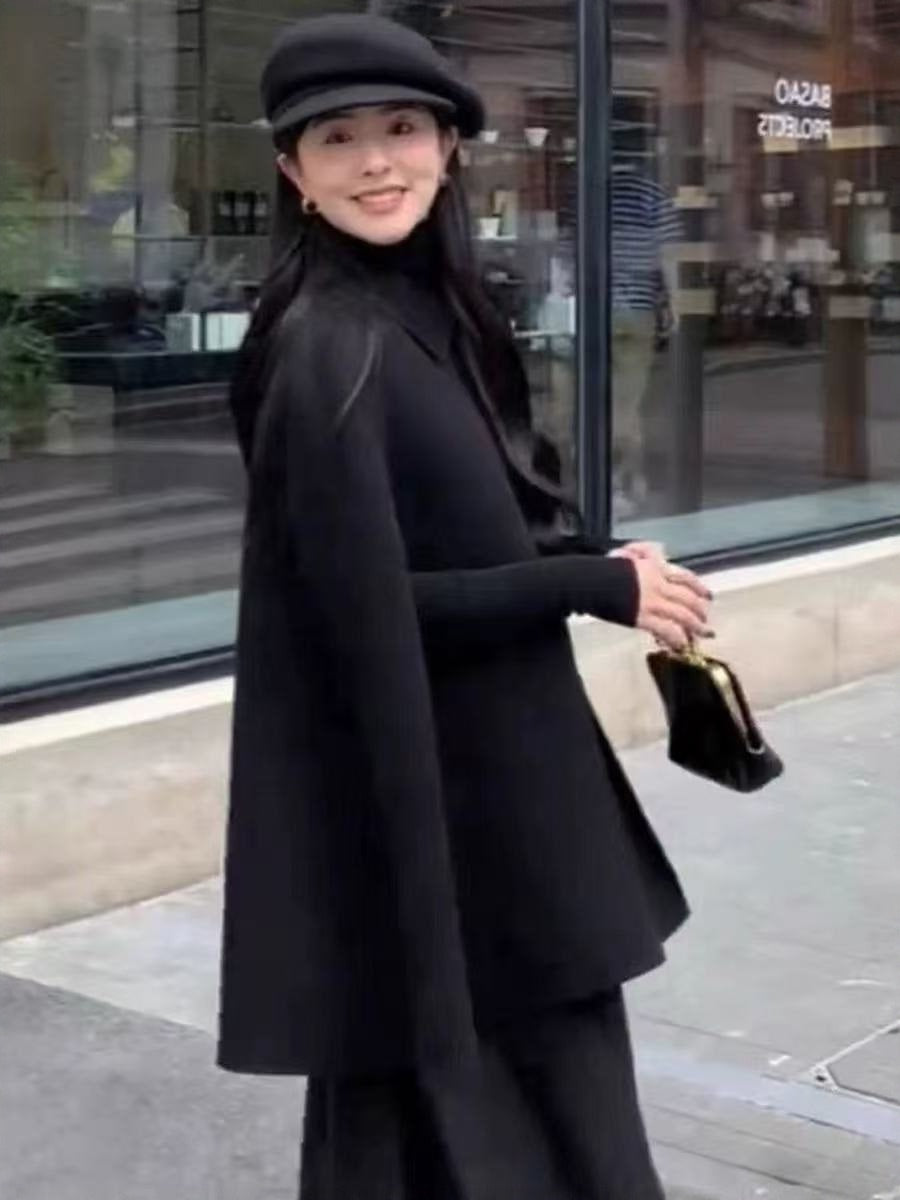 Women's Black Shawl-Collar Cloak Coat | Double-Faced Cashmere & Wool Blend | New Autumn/Winter | Noble Lady Elegant High-End Style