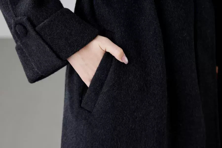 Fineryclothes Women's High-end Mid-length Blue Double-sided Cashmere Coat | Casual Style, Classic Wide Lapel Woolen Outerwear