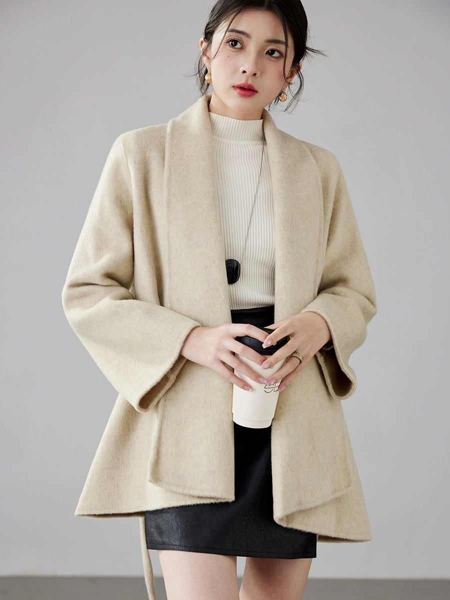 Women's 2025 A/W New Korean Petite Double-sided Cashmere Coat | Robe-style Tie Waist Woolen Outerwear