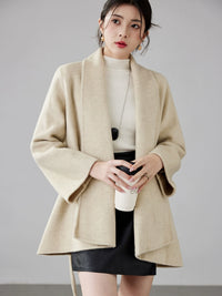 Women's 2025 A/W New Korean Petite Double-sided Cashmere Coat | Robe-style Tie Waist Woolen Outerwear